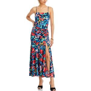 Brand New Aqua Women's Size XS Navy Multi Print Ruched Slit Midi Dress